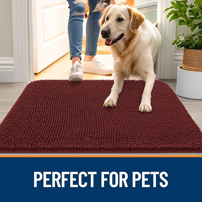 OLANLY Dog Door Mat for Muddy Paws 47x17, Absorbs Moisture and Dirt, Absorbent Non-Slip Washable Doormat, Quick Dry Chenille Mud Mat, Entry Indoor Entryway Carpet for Inside Floor, Caramel Russet