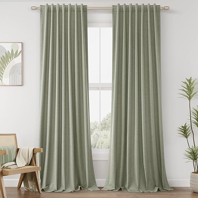 Sage Green 100% Blackout Linen Curtains 86 Inch Length 2 Panels Set for Living Room Bedroom Back Tab Thermal Insulated Black Out Drapes Room Darkening Window Curtains 86 Inches Long