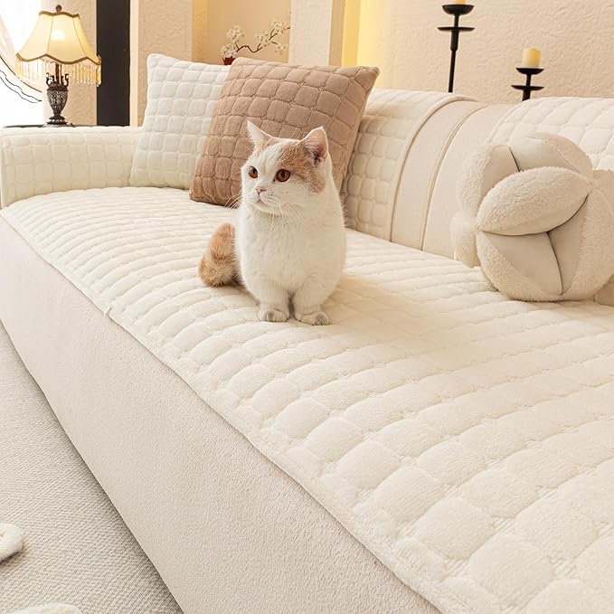 Velvet Couch Covers for Dogs, Dog Sectional Couch Covers, Pet Couchs Cover for Large Sectional, Couchs Protector for Dogs, Sectional Sofa Cover for Pet Washable(1PC,Beige White,27.6"×94.4")