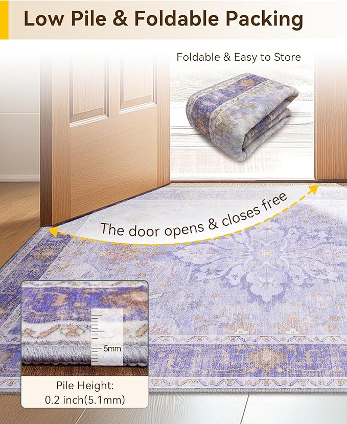 RELEANY Area Rugs 3'x5' Washable Non-Slip, Floral Vintage Distress Print Pattern Medallion Carpet for Living Room Bedroom Dining Room, Light Purple Brown