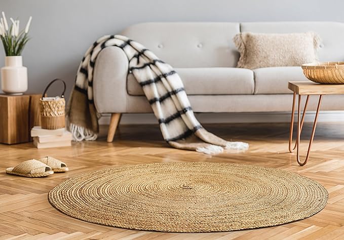 Hausattire Hand Woven Jute Braided Rug, 4’ Round – Natural, Reversible Boho Entry Area Rugs for Kitchen, Living Room I Farmhouse Decorative Floor Rug, 4 Feet Round