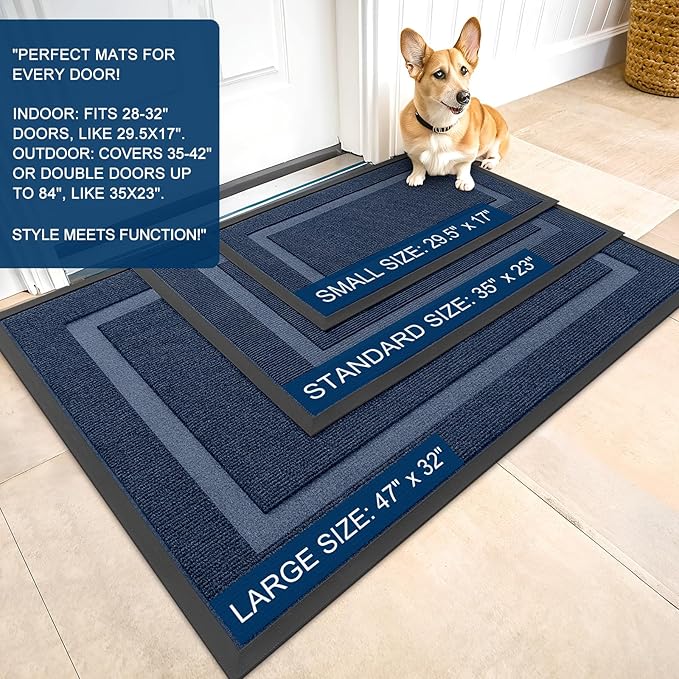 OLANLY Front Door Mat Indoor Outdoor Entrance, Waterproof All-Season, All-Weather Doormat, Sturdy Natural Rubber, Fade Resistant, Low Profile, Easy Clean Patio Porch Entryway Mat, 47x17, Blue