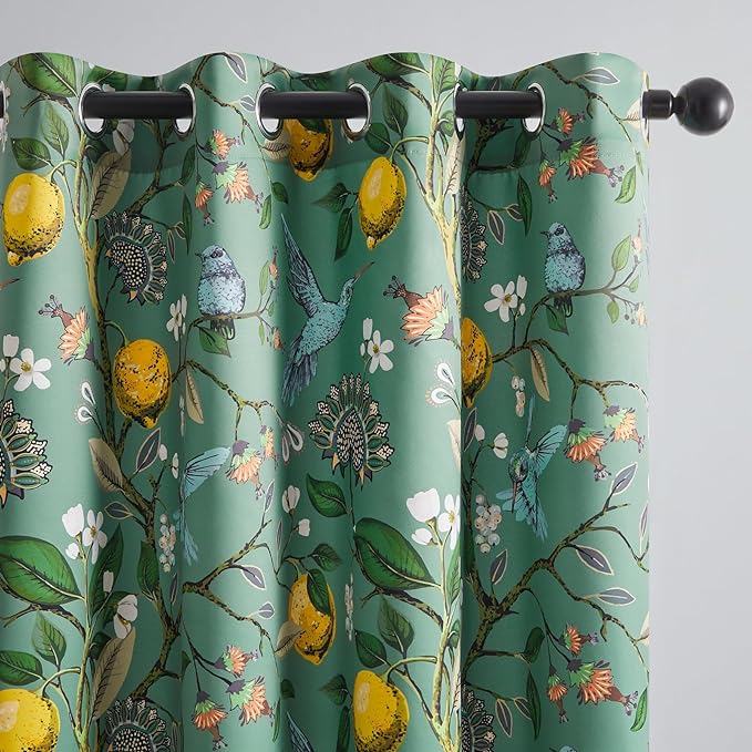 Topfinel Vintage Cottagecore Chinoiserie Curtains & Drapes Botanical Floral Flower Lemon Hummingbird Patterned Sage Green Pioneer Woman Blackout Curtains 96 Inches Long 2 Panels Living Dining Room