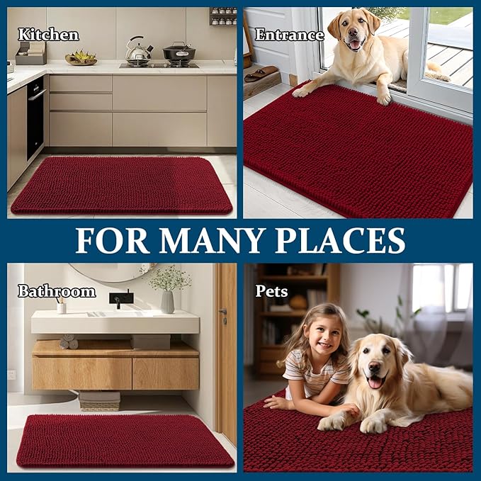 OLANLY Dog Door Mat for Muddy Paws 32x20, Absorbs Moisture and Dirt, Absorbent Non-Slip Washable Doormat, Quick Dry Chenille Mud Mat for Dogs, Entry Indoor Entryway Carpet for Inside Floor, Red