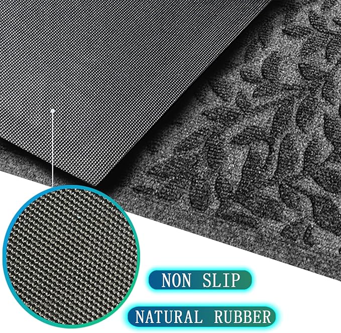 Bulijojo Sturdy Front Entrance Doormats,Durable Heavy Duty Welcome Mat,Thick Absorbent Natural Rubber Non Slip Mat,Easy Clean Entryway Mat 17x30 Inch Leaves Grey