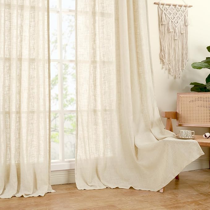 LAMIT Beige Linen Curtains 45 Inches Long for Bedroom, Light Filtering Panels Back Tab and Rod Pocket Neutral Drapes for Kitchen/Window/Loft Room, 52 x 45 Inch, 2 Panels