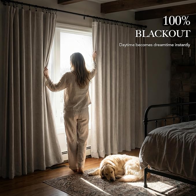 RYB HOME Natural Beige 100% Blackout Linen Curtains 72 inch Long, Thermal Insulated & Privacy Assurd Drapes for Bedroom/Office/Nursery, Rod Pocket & Back Tab Window Treatment, W52 X L72, 2 Panels