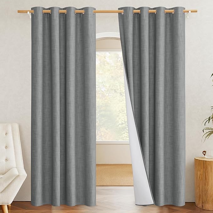 NICETOWN 100% Absolutely Blackout Linen Curtains with Thermal Insulated White Liner, Dove Grey, W52, 2 Pieces, Noise Reducing Textured Linen Look Curtains for Windows 108 inch Length for Classroom