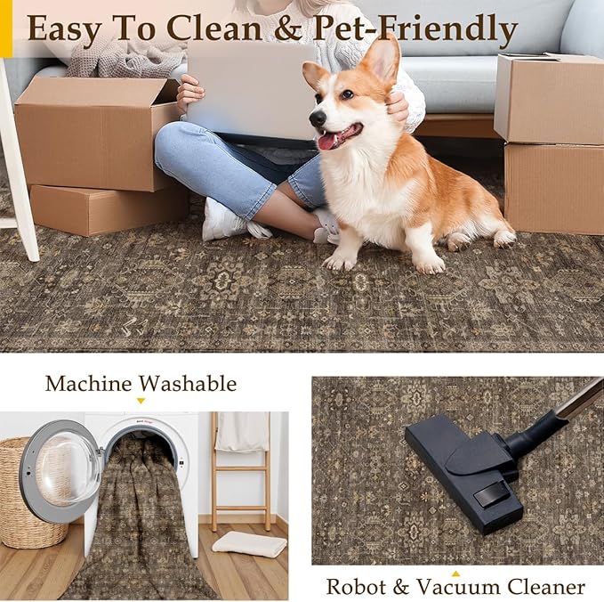 10x14 Washable Area Rug for Living Room Bedroom Vintage Brown Non Slip Carpet Traditional Retro Soft Low Pile Large Throw Rug for Dining Room Kitchen Office Indoor
