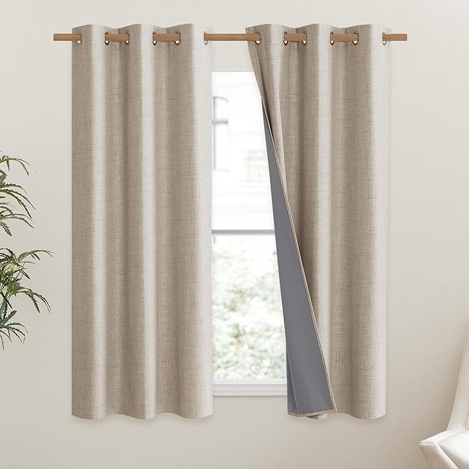 NICETOWN Oatmeal Thick Linen Blend 100% Blackout Curtains 63" Long 2 Panels Set for Bedroom, 42" Wide, Rustic Grommet Thermal Insulated Flax Textured Full Blackout Window Draperies with Grey Liners