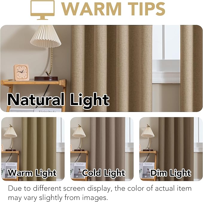 H.VERSAILTEX Linen Curtains 100% Blackout Curtains for Bedroom 108 inch Long Full Light Blocking Nature Linen Blended Window Curtains for Living Room Nickel Grommet (2 Panels, Heathered Macchiato)