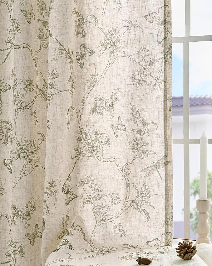 jinchan Floral Linen Curtains for Living Room 63 Inch Length Butterfly Sage Green Floral Curtains French Country Farmhouse Flower Patterned Drapes Window Treatments Set 2 Panels