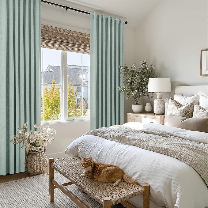 MIULEE 100% Blackout Linen Curtains for Bedroom, Seafoam Green Solid Luxury Decor Thermal Insulation Room Darkening Drapes for Living Room Nursery Back Tab Rod Pocket 42 x 96 Inches, 2 Panels