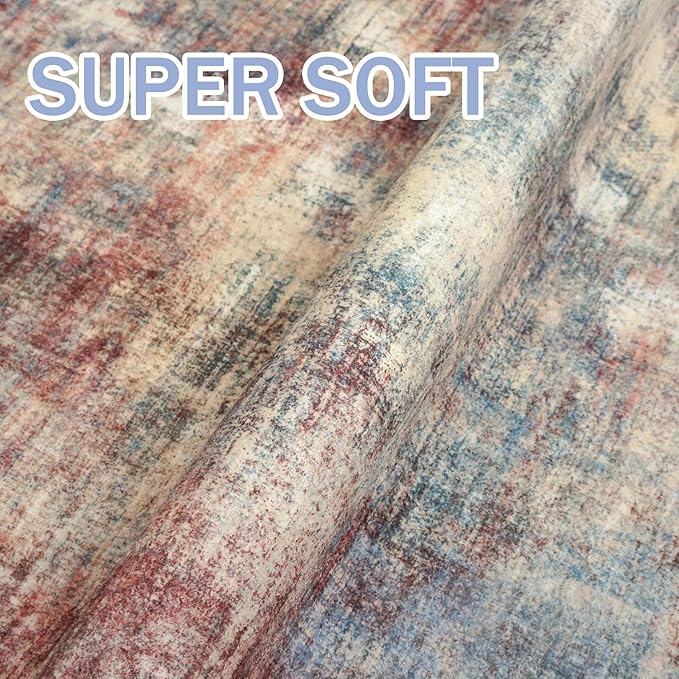 IOHOUZE Abstract Area Rugs 9x12 Ft Washable Large Rugs for Living Room, Non Slip Dining Room Rug, Printed Faux Wool Rugs for Bedroom, Floor Carpet for Office Nursery Playroom, Red/Multi