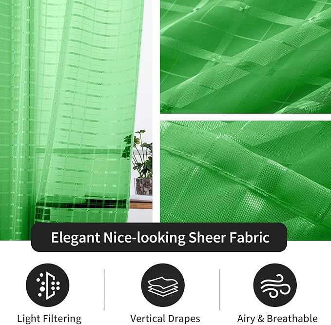 SpaceDresser Check Sheer Curtains 90 Inches 2 Panels Set, Rod Pocket Plaid Window Curtain for Living Room, Green Semi Sheer Drapes for Kitchen Bedroom Children Room Yard（Green, 52W x 90L）
