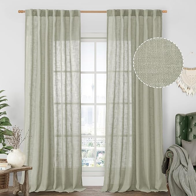 LAMIT Sage Grey Linen Curtains for Living Room 84 inch Length 2 Panels, Light Filtering Semi Sheer Curtains Back Tab and Rod Pocket Farmhouse Panels for Bedroom/Sliding Glass Door, 52 x 84 Inch