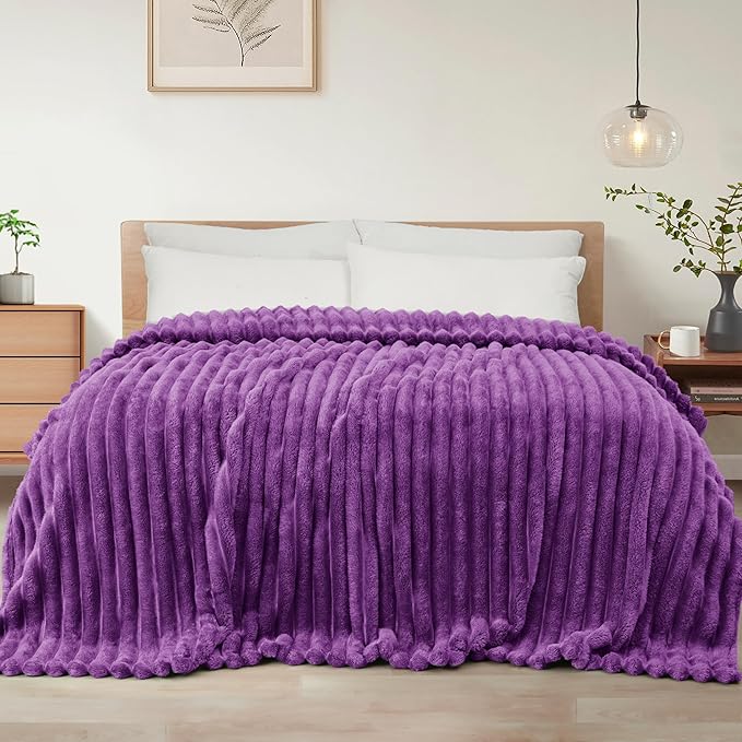 Exclusivo Mezcla Queen Size Flannel Fleece Blanket, Super Soft Striped Jacquard Bed Blanket, Lightweight Fuzzy Cozy for All Seasons, 90x90 Inches, Purple