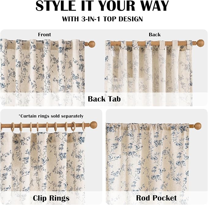 Lazzzy 90 Inch Length Curtain for Living Room Bedroom Blue Floral Drapes Linen Farmhouse Vintage Light Filtering Curtains Rod Pocket Back Tab, 2 Panels, Blue on Beige