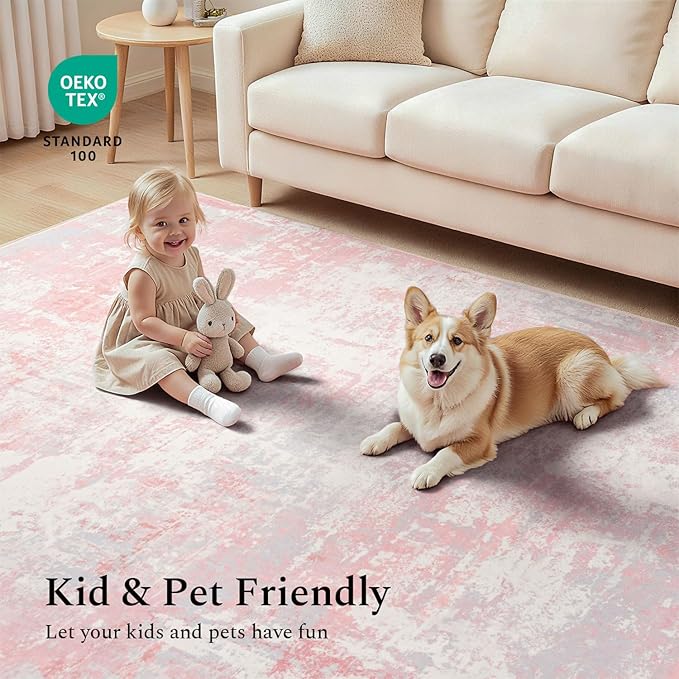 Rugflix 8x10 Area Rugs for Kids Girls Room, Washable Large Rug Stain-Resistant Low Pile, Modern Non Slip Carpet for Nursery Bedroom Living Room Home Office, Pink