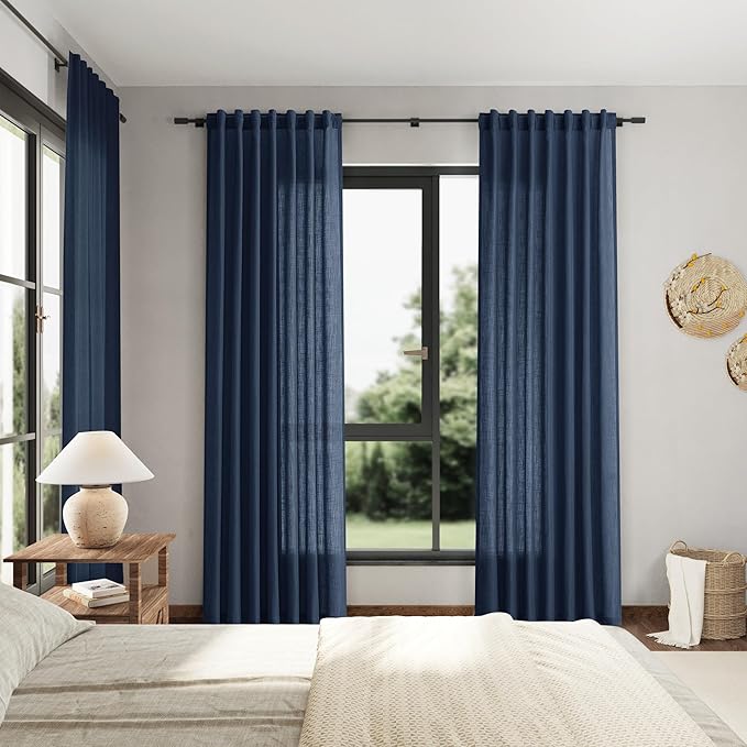 Extra Long Denim Blue Linen Curtains 120 Inch for Living Room 2 Panels Set Rod Pocket Back Tab Linen Window Drapes Semi Sheer Light Filtering Privacy High Ceiling Drapes for Farmhouse 52x120