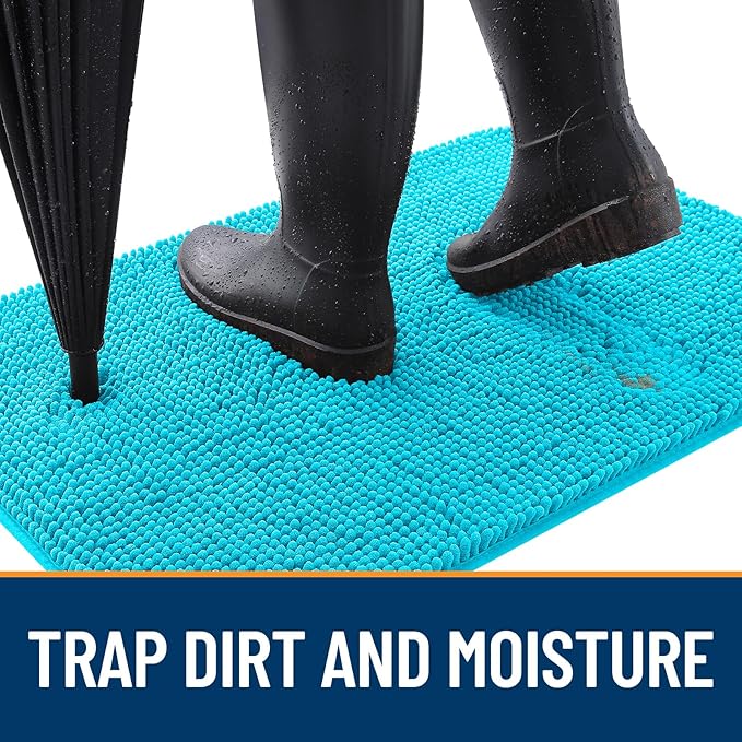 OLANLY Dog Door Mat for Muddy Paws 45x27, Absorbs Moisture and Dirt, Absorbent Non-Slip Washable Doormat, Quick Dry Chenille Mud Mat for Dogs, Entry Indoor Entryway Carpet for Inside Floor, Aqua Blue