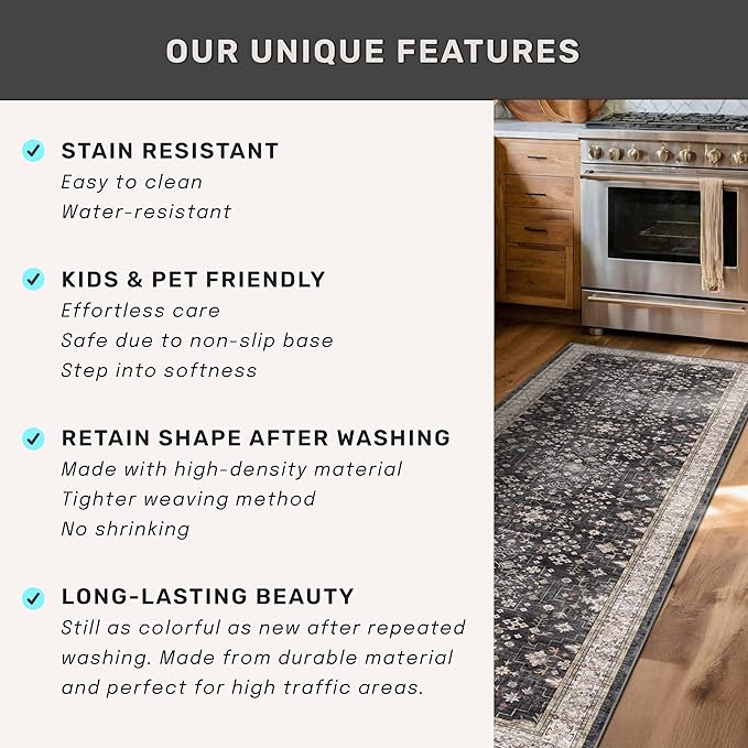 Hazo Haus Black Boho Washable 3x16 Extra Long Runner Rug for Hallway, Waterproof Large Kitchen Floor Rug, Non-Slip Stain & Fade Resistant, Vintage Floral Decor