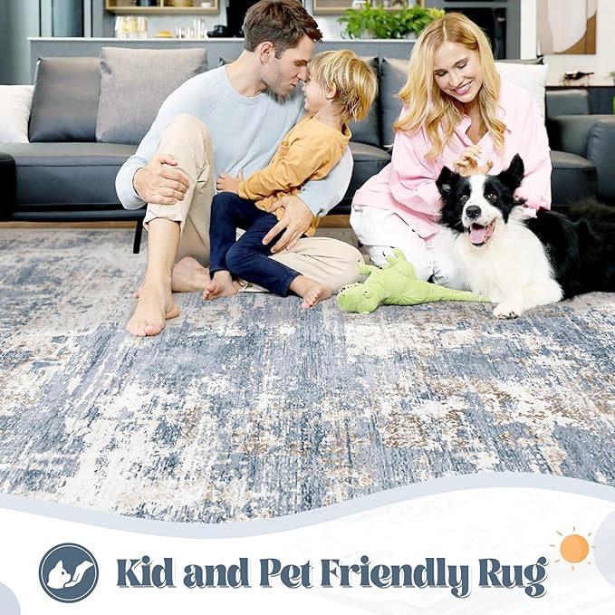 XLUEZ 5x7 Area Rugs for Living Room, Washable Modern Abstract Large Area Rug Neutral Soft Non Slip Kids Rug Stain Resistant Indoor Carpet for Bedroom Nursery Dining Room Playroom(Blue, 5'x7')