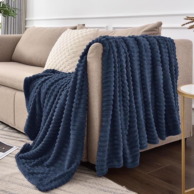 BEDELITE Fleece Throw Blanket for Couch – 3D Ribbed Jacquard Soft and Warm Decorative Fuzzy Blanket – Cozy, Fluffy, Plush Lightweight Navy Blue Throw Blankets for Bed, Sofa, 50x60 inches