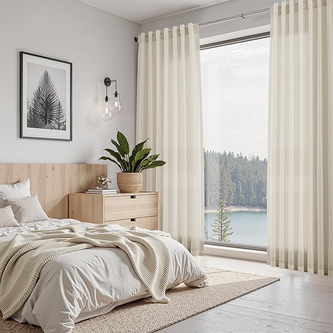 Nanspring Vanilla Linen Curtains 102 Inches Long for Living Room Light Filtering Semi Sheer Curtain Back Tab Modern Farmhouse Decor Floor to Ceiling Coastal Drapes for Bedroom 52x102, 2 Panels