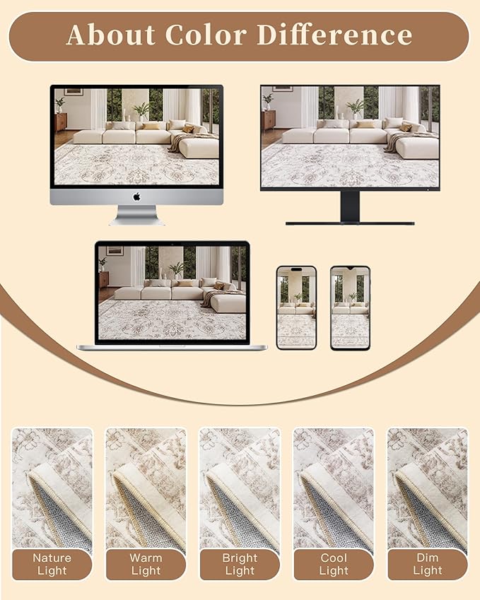 Madane Living Room 10x14 Area Rugs,Washable Low Pile Non-Slip Stain Resistant Extra Large Thin Rug, Vintage Soft Throw Carpet for Dining Room Bedroom Farmhouse Home Office Decor (10 x 14, Brown/Ivory)