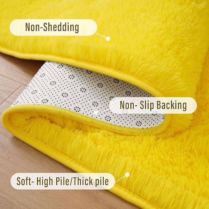Amearea Shag Fluffy Small Rug, 2x4 Feet Throw Rugs for Bedroom Girls Living Room, Extra Soft and Fuzzy Shaggy Carpet, Non Slip, Solid Color Nursery Home Floor Decor Carpets, Yellow