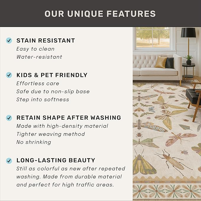 Hazo Haus 3x5 Washable Non-Slip Bathroom Rug, Colorful Insect Rug for Kids Room - Ultra Soft Low Pile Cottagecore Butterfly & Beetle Pattern for Nature-Inspired Home Décor