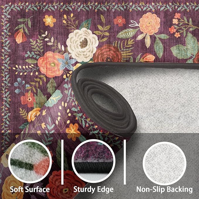 Area Rugs 24x17 Inch Home Decor Entry Rug, Small Door Mat Bath Mats for Bathroom, Ultra-Thin Non Slip Floral Low Pile Tub Mat for Sink Shower Doorway Tub Kitchen Sink(2 x 1.4 ft, Purple)
