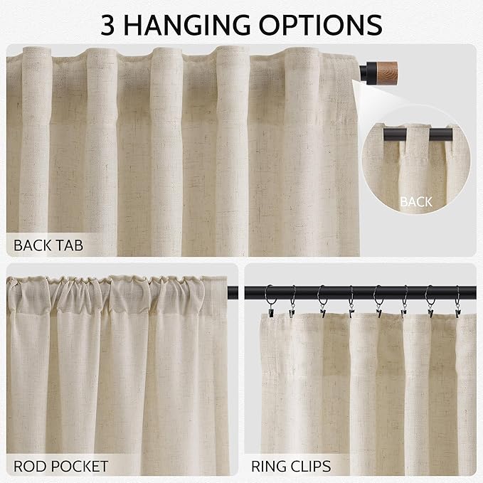 Boho Linen 112 Inch Curtains for Living Room Light Filtering Semi Sheer Curtain Back Tab Boho Eclectic Home Decor Elegant Farmhouse Drapes Floor to Ceiling High Window for Bedroom 52x112, 2 Panels