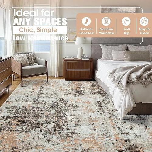 10x14 Area Rugs for Living Room Rug Washable: Abstract Large Rug Indoor Modern Carpet Non Slip for Dining Room Bedroom Nursery Home Office Brown Beige
