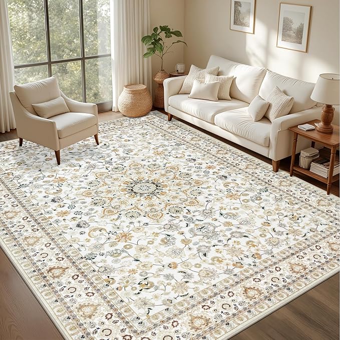 4x6 Area Rugs for Living Room: Washable Rug Soft Vintage Boho Carpet Indoor Floor Non-Slip Stain Resistant Floral Large Carpets for Bedroom Dining Room Farmhouse Nursery Home Office Beige