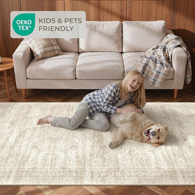 Rug Runners for Hallways Non Slip - 2x8 Runner Rug for Bedroom, Washable Runner with Rubber Backing, Soft Low-Pile Carpet for Kitchen, Laundry, Bathroom (2'x8', Beige/Ivory)