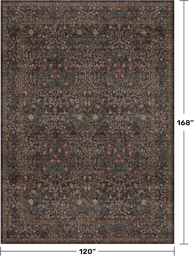 Hazo Haus Dark Brown 10x14 Area Rugs for Living Room - Extra Large Vintage Western Unique Neutral Floral, Washable Low Pile Non-Slip Soft Thin Area Rug for Dining Under Table, Bedroom Under Bed