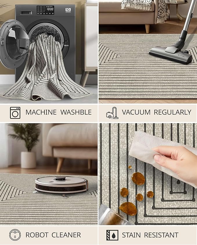Latte&Fog 5x7 Area Rugs for Living Room Bedroom, Beige Modern Abstract Washable Rug, Boho Non Slip Low Pile Carpet for Indoor Dining Room, Office, Dorm, Classroom, Farmhouse and Kids Room - Beige