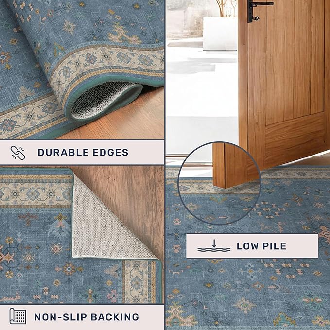 Hazo Haus Blue Big Rugs for Living Room - Dusty Blue 10x12 Area Rug for Large Bedroom, Dining Room, Washable Lightweight Foldable Floral Modern Home Décor
