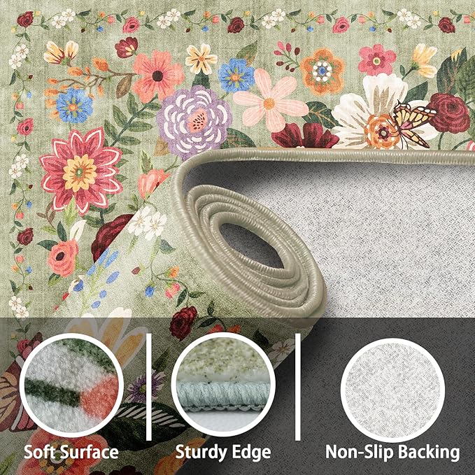 2x5 Entryway Runner Rugs, Non Slip Washable Rugs with Rubber Backing Soft Floral Carpet Runner for Kitchen, Laundry, Bedroom, Bathroom(2 x 5, Green Garden)