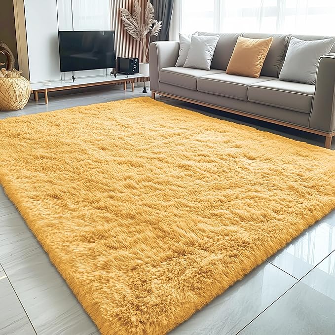OLANLY 5x7 Machine Washable Large Area Rugs for Living Room, Bedroom, Soft Fluffy Shaggy Bedside Rug, Indoor Floor Carpet for Kids Girls and Boys, Dorms, Nursery, Home Decor Aesthetic, Mustard Yellow
