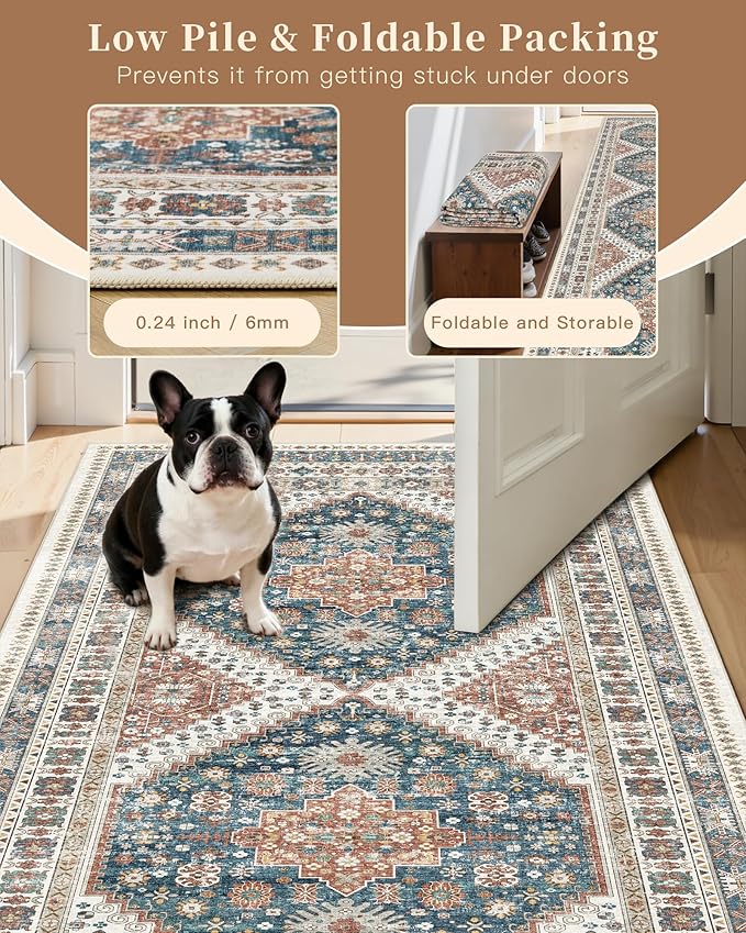 Madane Hallway Runner Rug 2x12, Extra Long Washable Runner Rugs with Rubber Backing, Non Slip Carpet Runner for Hallway, Vintage Rug Runners for Kitchen Laundry Room Entryway (Navy Blue, 2'x12')