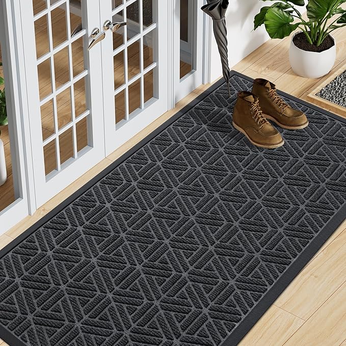Smiry Front Door Mat Outside Entrance, Heavy Duty Sturdy Natural Rubber Doormat, Trap Dirt and Moisture, Easy Clean Low Profile Mats for Indoor Outdoor Entry, Grid Geometric (59x23, Grey)
