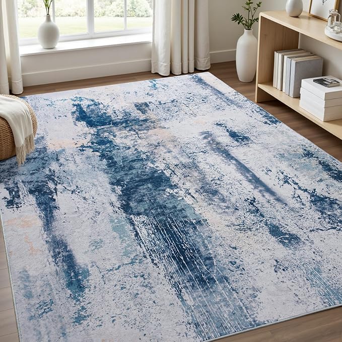 Toneed Abstract Area Rug Modern Washable Rug Soft Non Slip Rug Low Pile for Bedroom Living Room Dining Room Dusty Teal Grey 7x10 Feet