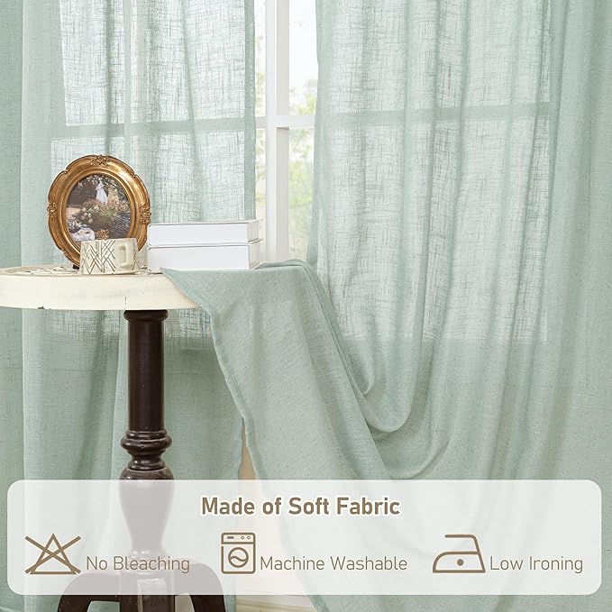 LAMIT Short Window Linen Curtains 36 Inch Length 2 Panels, Light Sage Light Filtering Panels Back Tab and Rod Pocket Neutral Drapes for Bathroom/Loft Room, 34 x 36 Inch