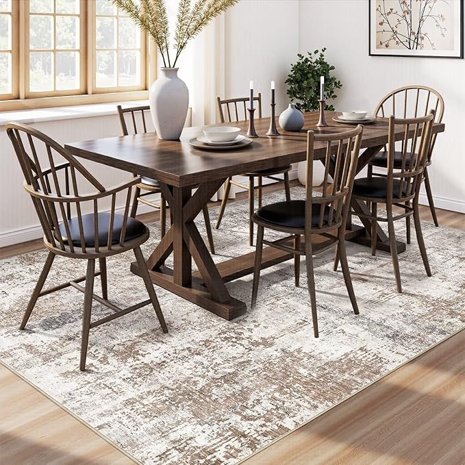 UERMEI Area Rug Living Room Rugs - Washable Neutral Modern Abstract Soft Thin Rug Indoor Floor No Slip Rug Carpet for Bedroom Under Dining Table Home Office Decor - Brown/Grey/Red - 5x7