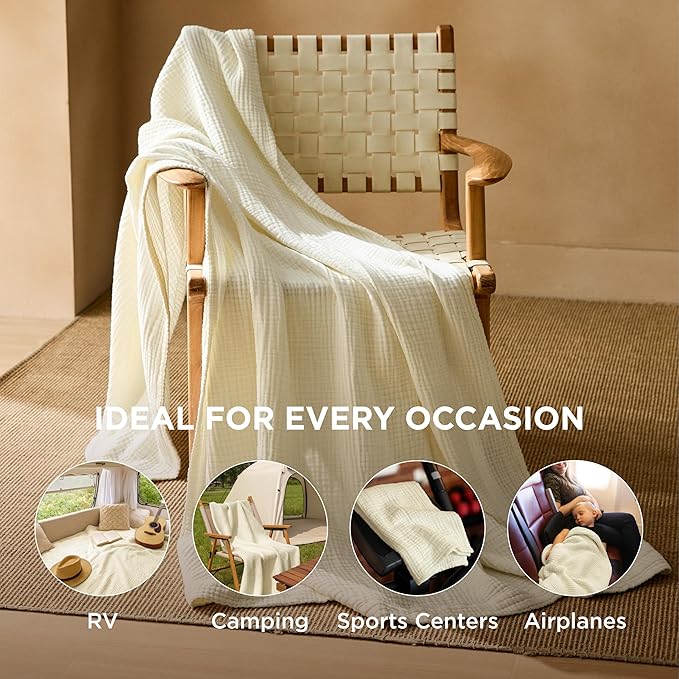 Bedsure 100% Cotton Muslin Throw Blanket Twin XL for Bed - 4-Layer Breathable and Lightweight Thin Soft Summer Gauze Muslin Blankets for Adults, Cream, 66x90 Inches