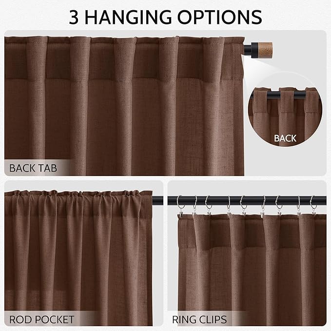 Mocha Brown Linen Curtains 63 Inches Long 2 Panel Sets for Living Room Bedroom Rod Pocket Back Tab Light Filtering Drape for Kitchen Window Short Protect Privacy Curtain Modern Farmhouse Decor 52x63