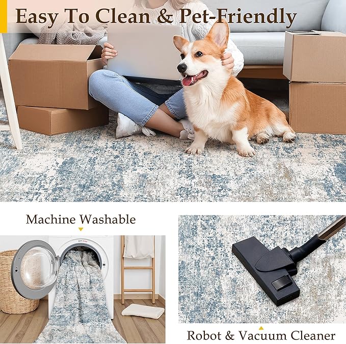 PureCozy Blue 4x6 Area Rug Washable Abstract Office Carpet Modern Neutral Non Slip Indoor Entry Soft Low Pile Contemporary Aesthetic Door Mat Bedroom Throw Rug for Kitchen Laundry Dining Room
